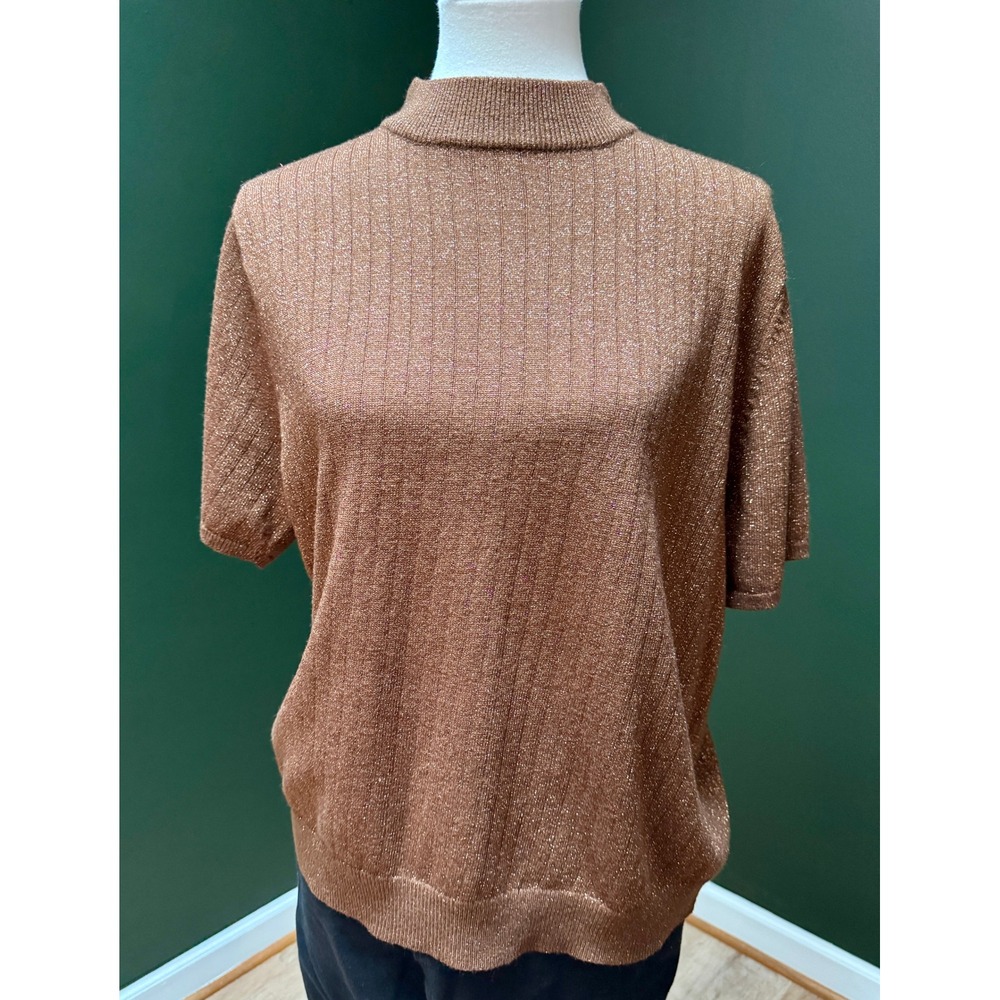 Vintage Sag Harbor Metallic Short Sleeve Mock Neck Sparkle Top Women's Size XL